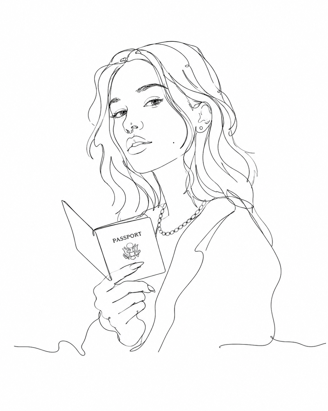 Line illustration of a traveler holding a passport, Chapter 1 of Spanish with Sofís