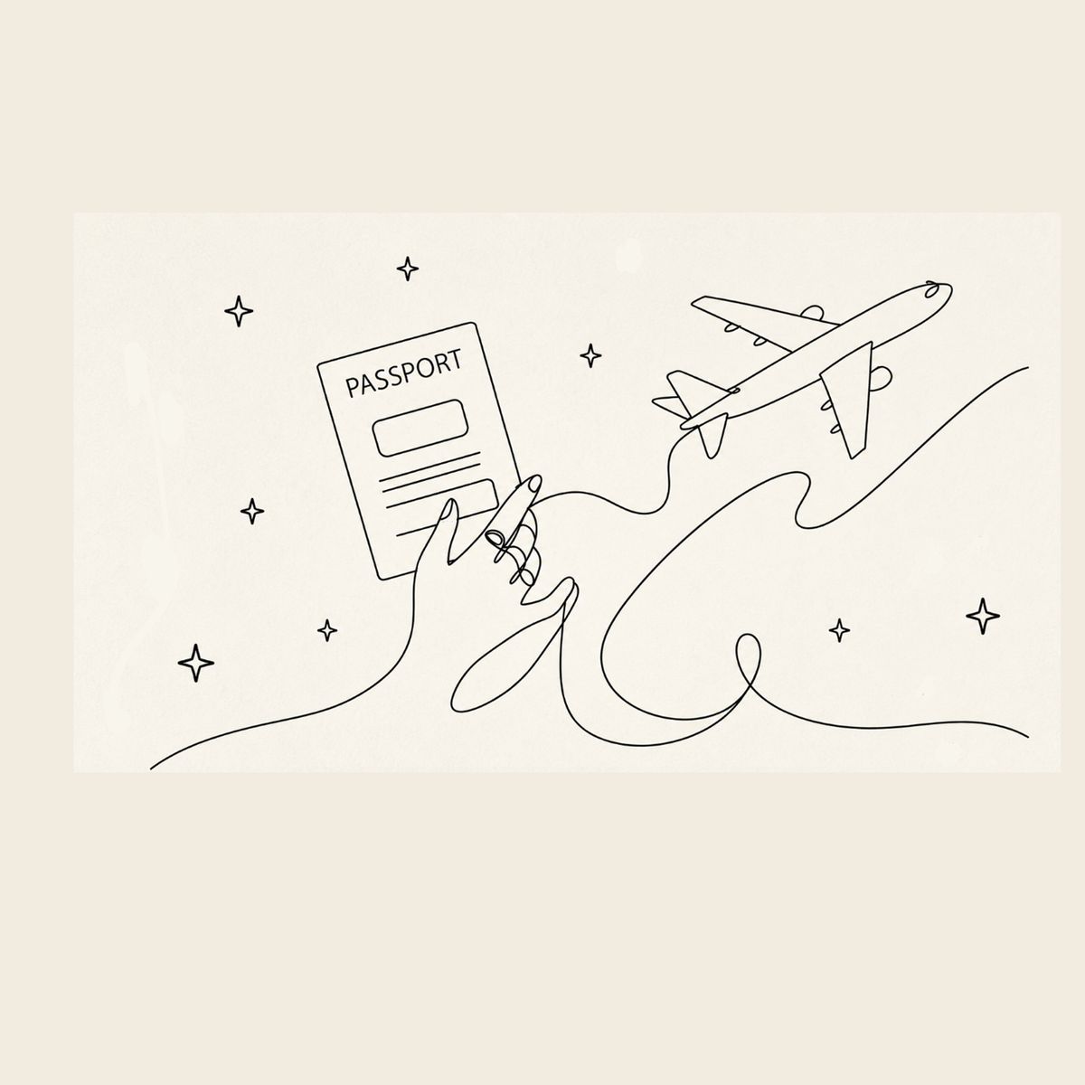 Line illustration of a traveler holding a passport, Chapter 1 of Spanish with Sofís