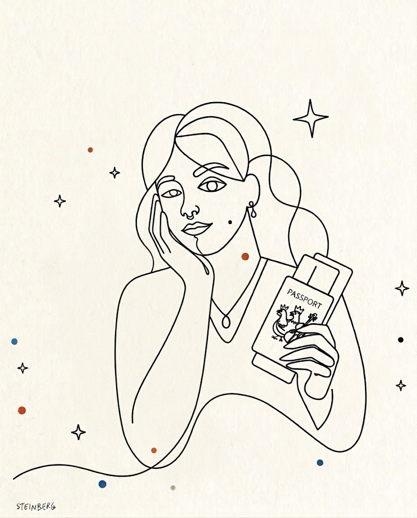 Line illustration of Sofía Gil holding a passport